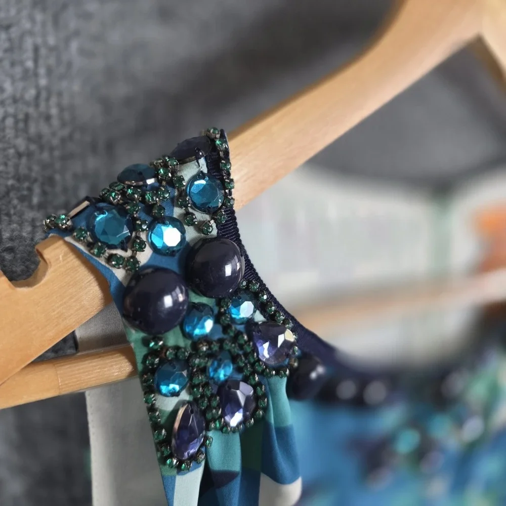 Tory‎ Burch Silk Tank Top 4 Blue Green Geometric Beaded Jewel Sparkle Rhinestone